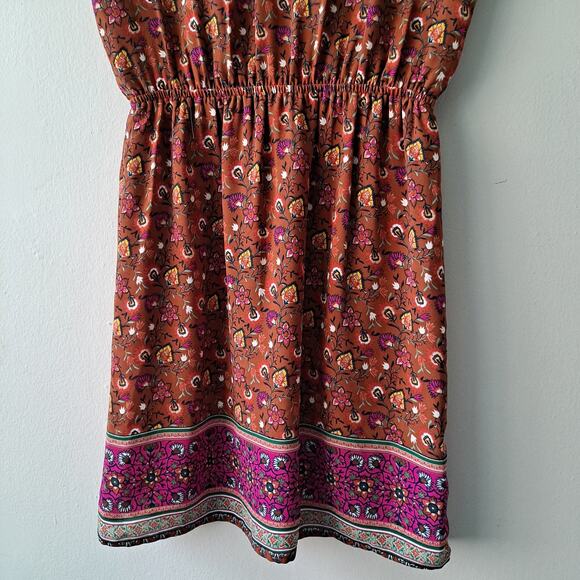 DR2 Dark Cinnamon Vneck Cap Sleeve Elastic Waist Border Print Floral Dress - S - Picture 7 of 13